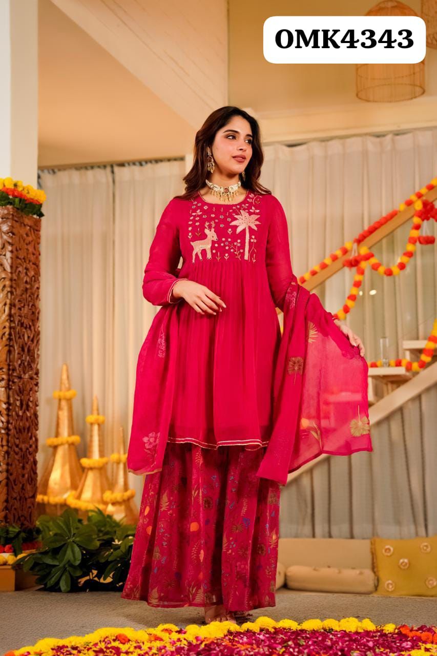 Beautiful Three Piece  Long Full Sleeves  Silk Kurti
