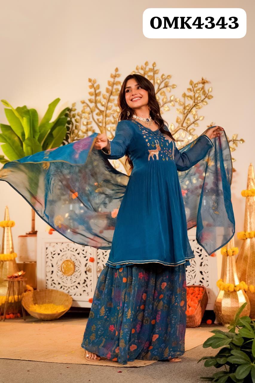 Beautiful Three Piece  Long Full Sleeves  Silk Kurti