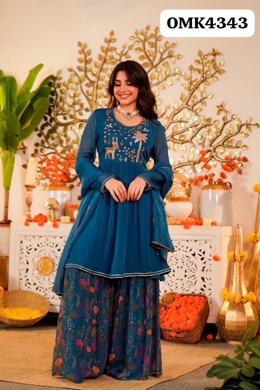 Beautiful Three Piece  Long Full Sleeves  Silk Kurti