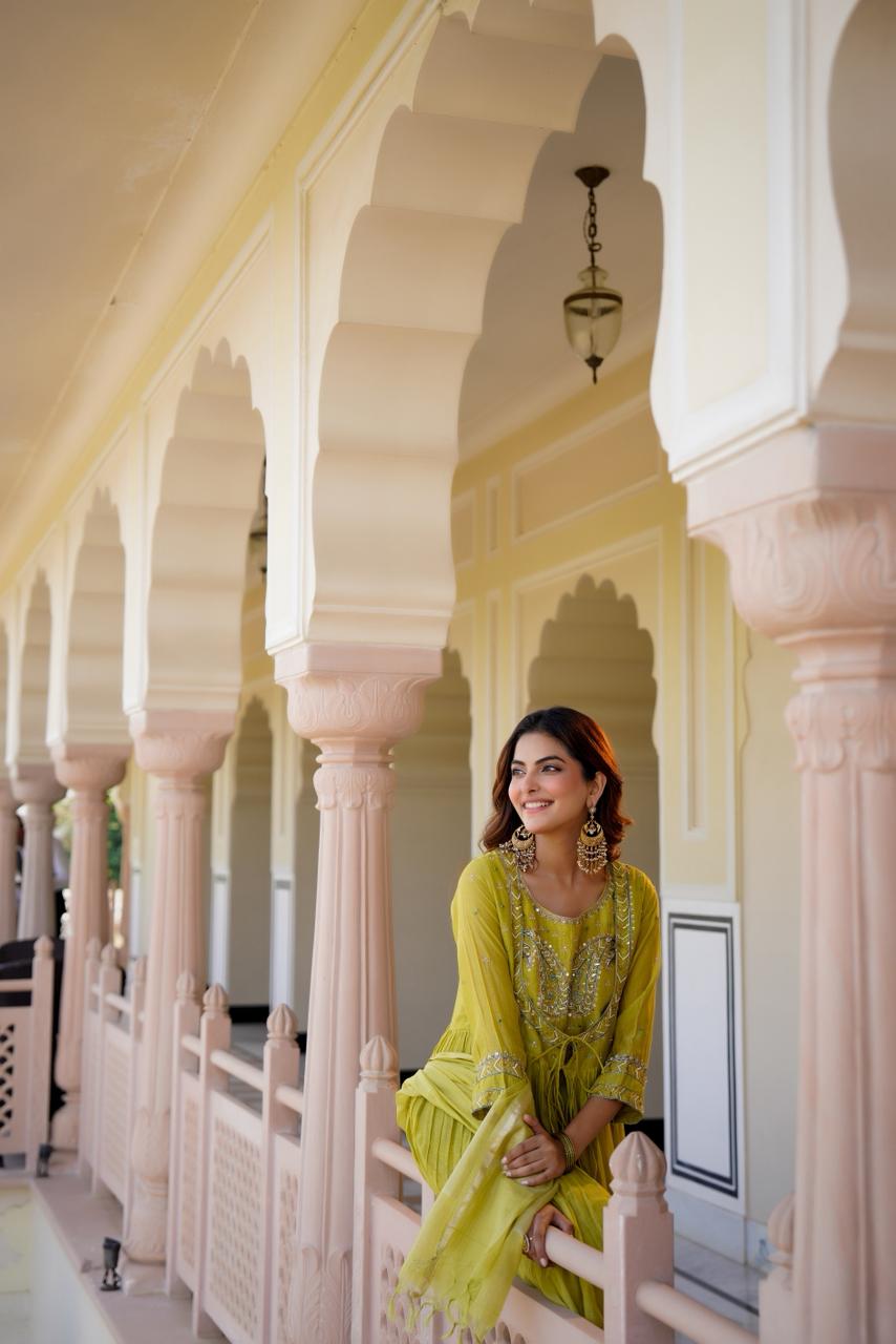 Beautiful mul chanderi full flair 3 piece dress with hand work&nbsp;