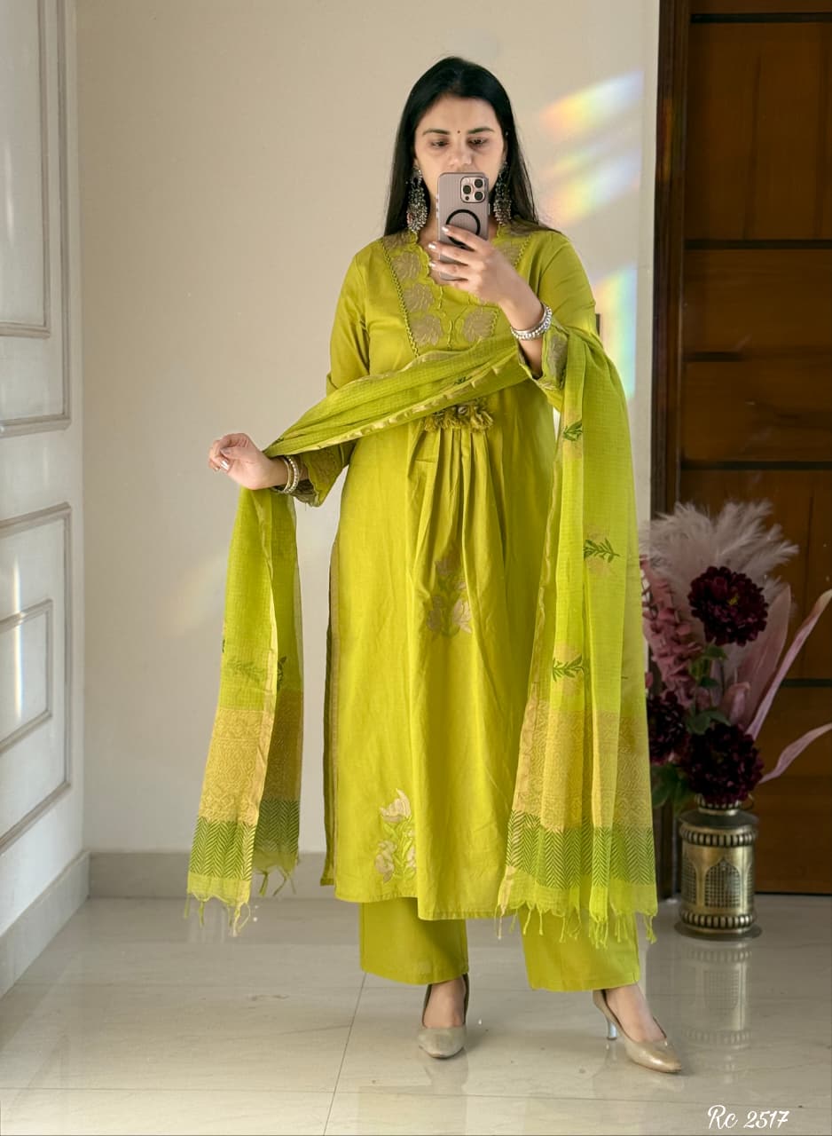 New straight kurta set with embroidered pattern