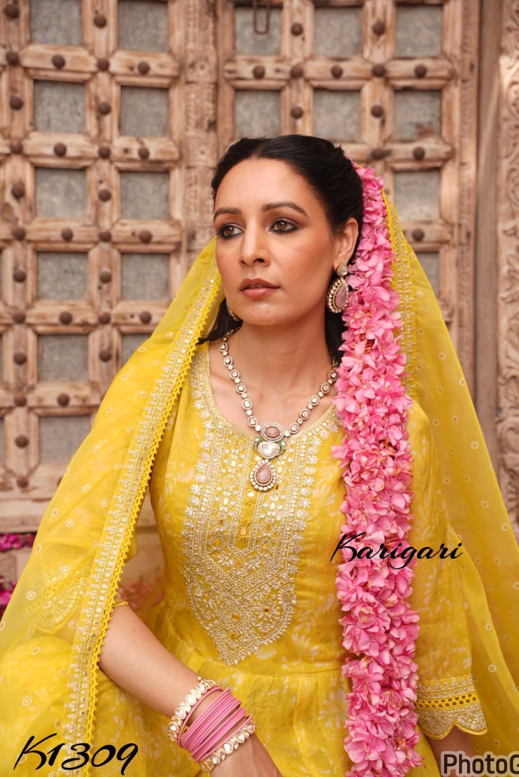 Premium organza 3 pc anarkali suits with work on yoke and hemline