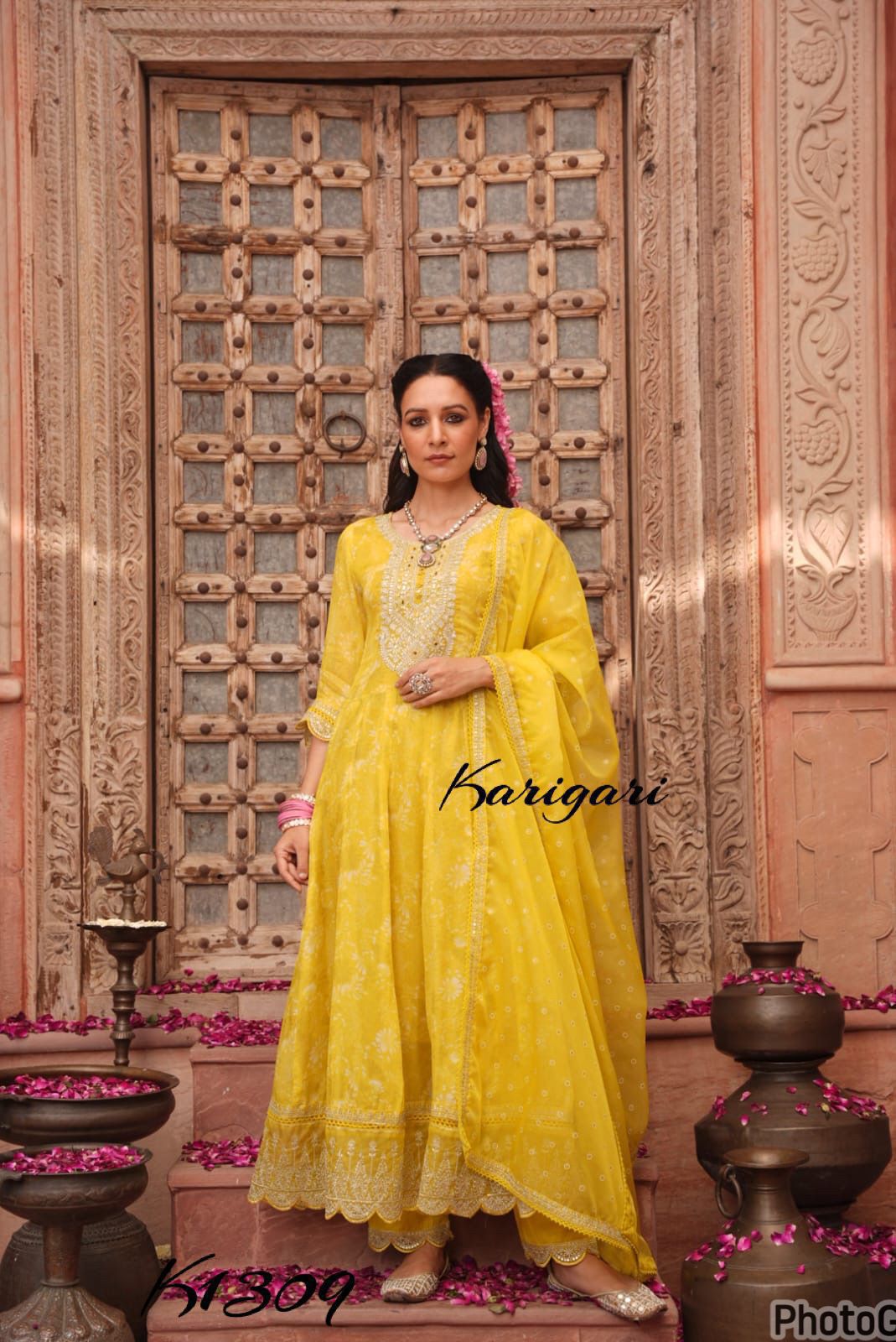 Premium organza 3 pc anarkali suits with work on yoke and hemline