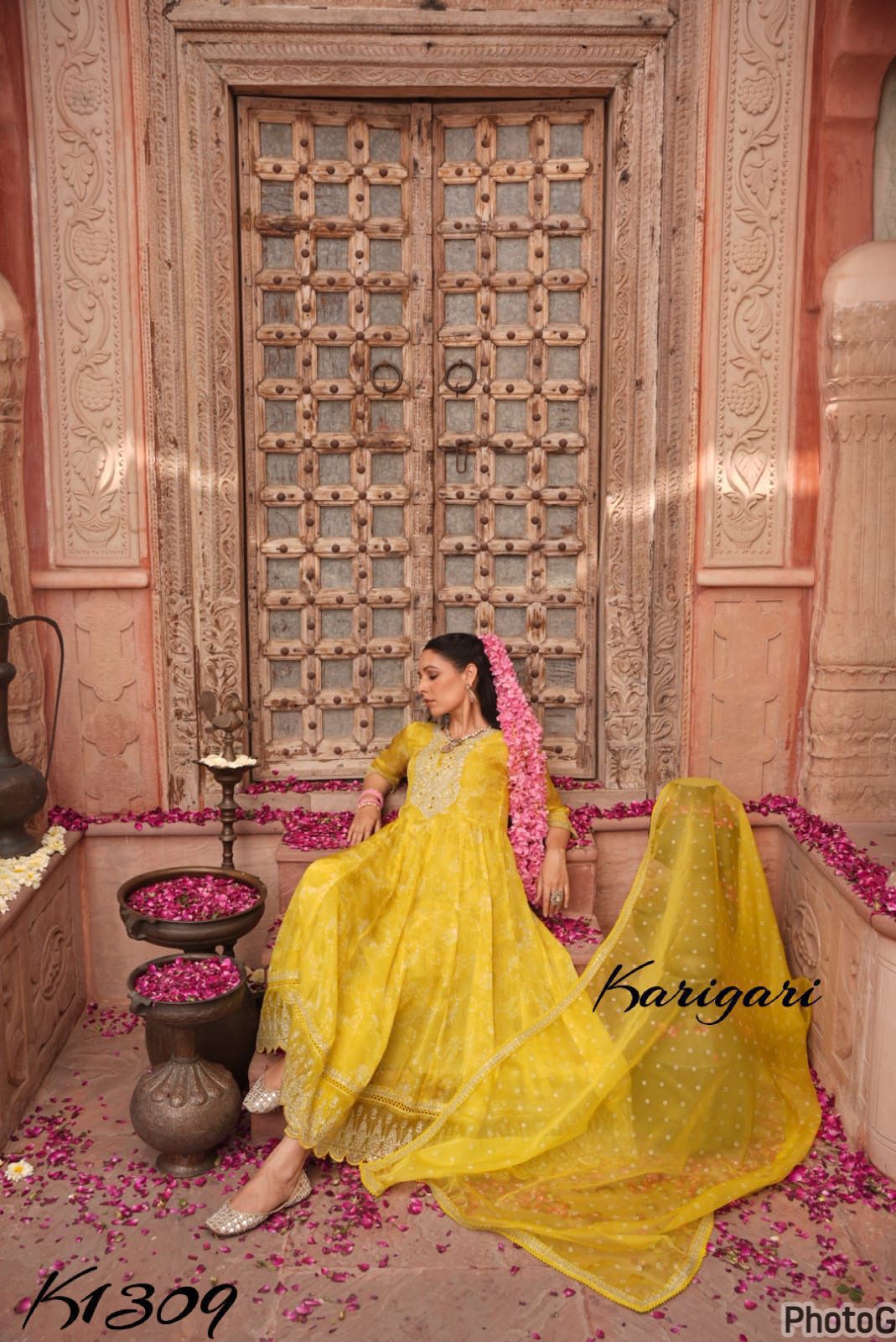 Premium organza 3 pc anarkali suits with work on yoke and hemline