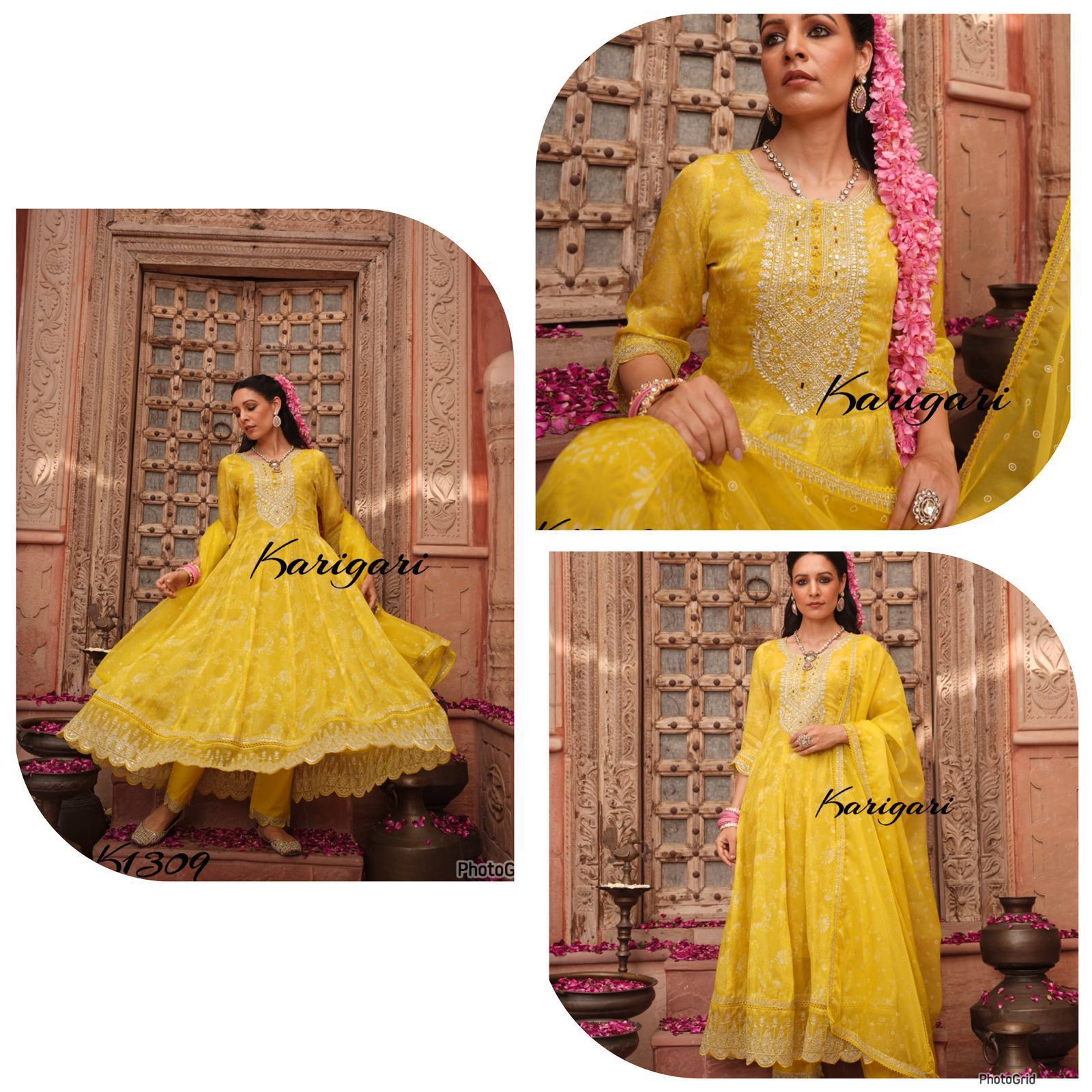 Premium organza 3 pc anarkali suits with work on yoke and hemline