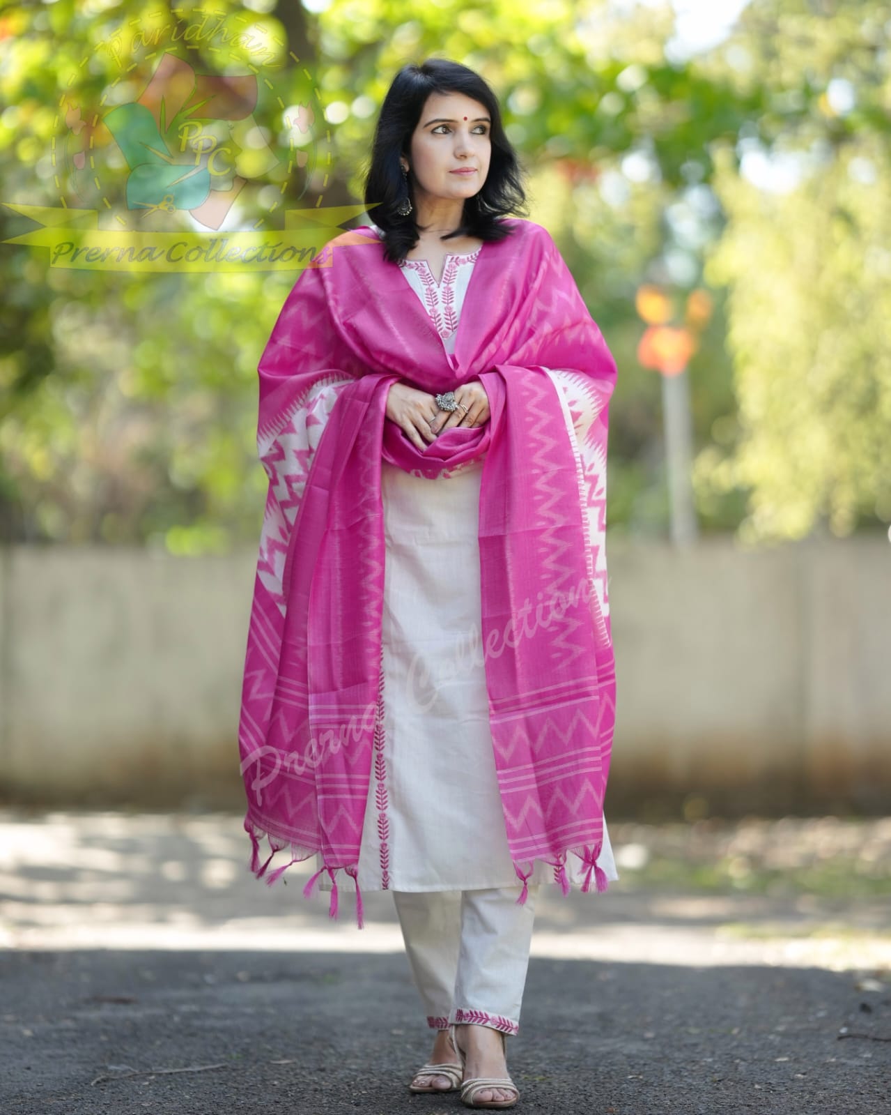 CLASSY HANDLOOM EMBROIDERY SET WITH IKKATH KHADI SILK DUPATTA